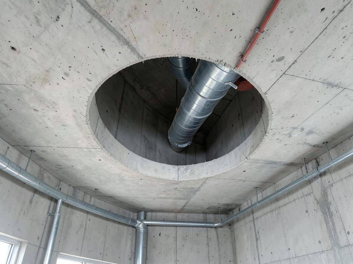 Großer Deckendurchbruch mit eingebautem Lüftungsrohr