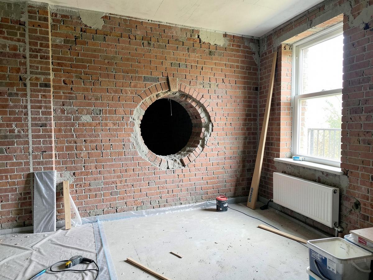 Runder Mauerdurchbruch in einer Klinkerwand während einer Renovierung