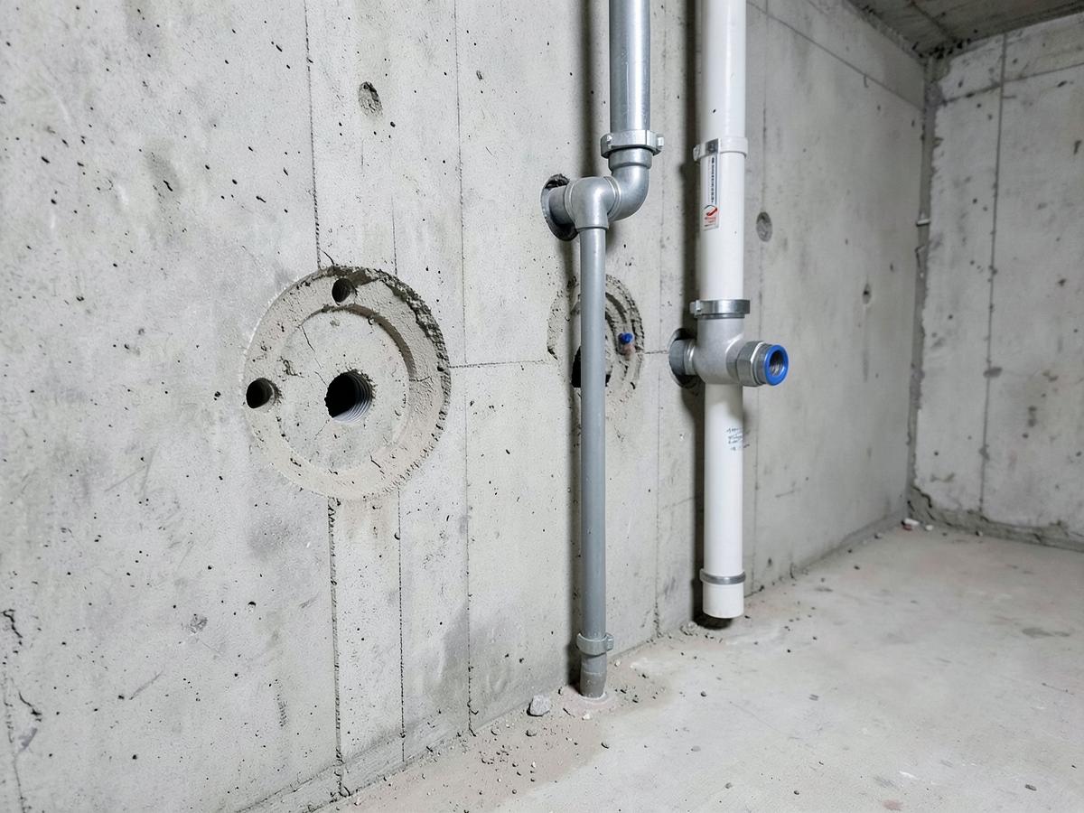 Kernbohrungen in einer Kellerwand mit Sanitärleitungen