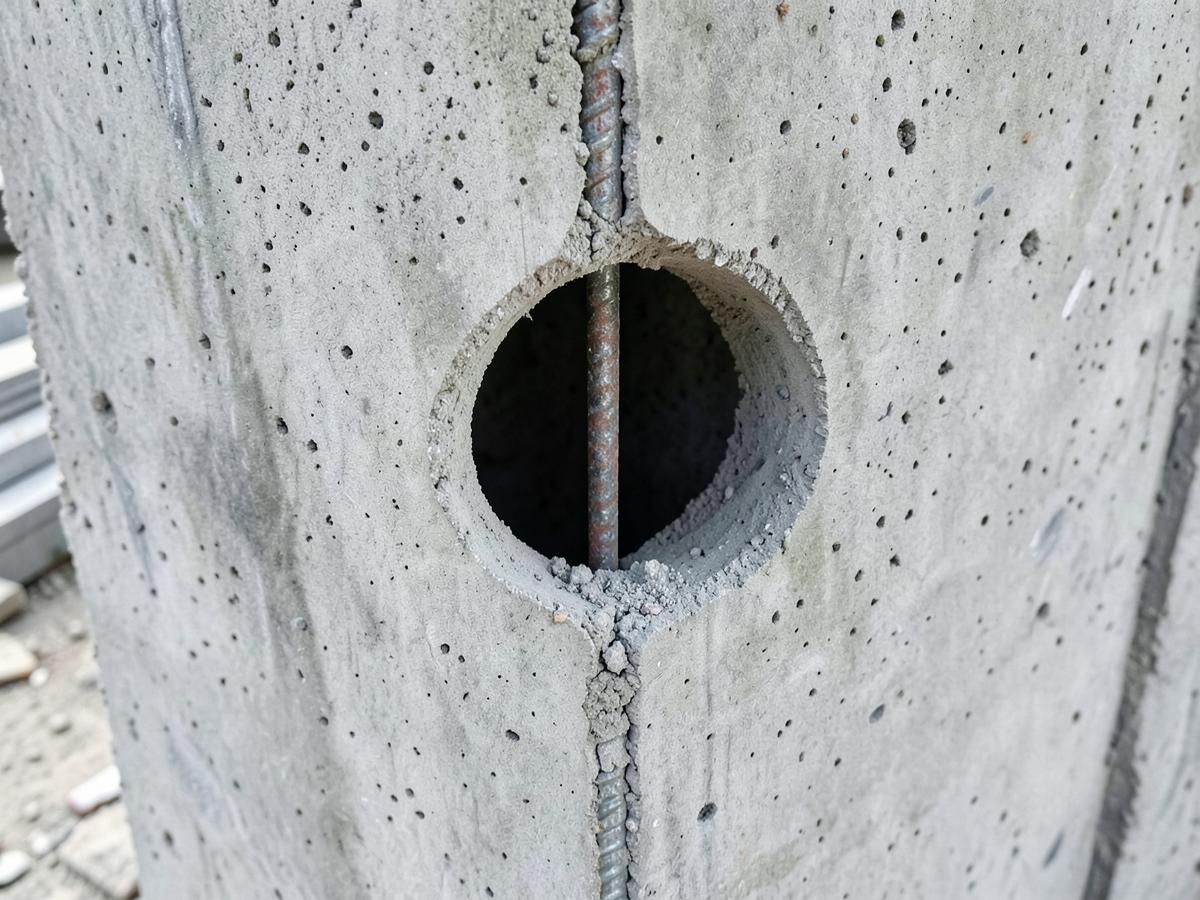 Fertige Kernbohrung in einer Stahlbetonwand mit sichtbarer Bewehrung